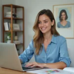 Femme testant des coiffures virtuelles sur un ordinateur portable