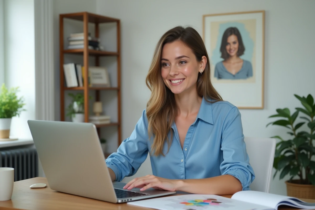 Femme testant des coiffures virtuelles sur un ordinateur portable