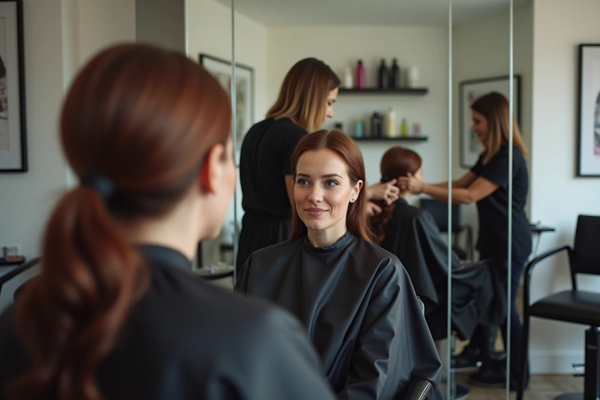 Femme de 47 ans chez le coiffeur discutant de la pousse de ses cheveux après 40 ans, assise devant un grand miroir de salon