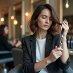 Femme examinant ses cheveux dans un salon de coiffure élégant