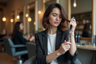 Femme examinant ses cheveux dans un salon de coiffure élégant