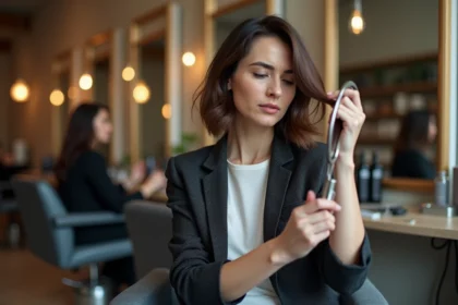 Femme examinant ses cheveux dans un salon de coiffure élégant