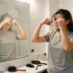 Femme se coupant les pointes seule devant un miroir de salle de bain avec des ciseaux de coiffure