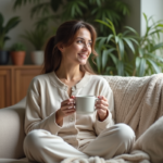 Femme en détente avec tasse de tisane dans un salon cosy