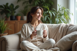 Femme en détente avec tasse de tisane dans un salon cosy