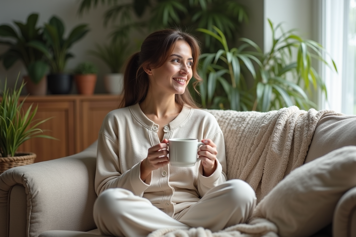 Femme en détente avec tasse de tisane dans un salon cosy