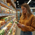 Femme examinant une étiquette de produit bio en magasin
