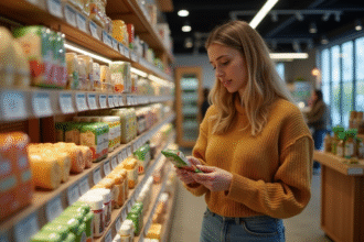 Femme examinant une étiquette de produit bio en magasin