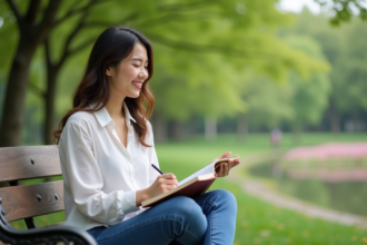 Femme souriante écrivant dans un journal en plein air