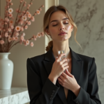 Femme sophistiquée tenant un flacon de parfum en intérieur