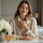 Femme élégante avec parfum et bouquet blanc