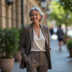 Femme élégante en ville avec blazer gris et cheveux gris