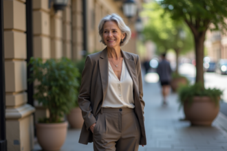 Femme élégante en ville avec blazer gris et cheveux gris