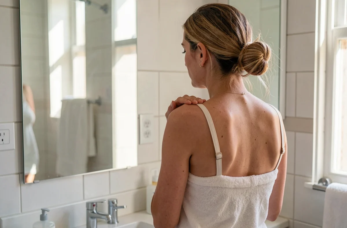 Femme examinant la peau de son épaule devant un miroir