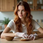 Femme appliquant de la hennapaste sur ses cheveux dans une cuisine lumineuse