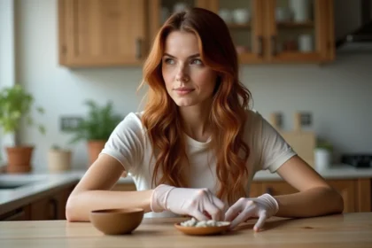 Femme appliquant de la hennapaste sur ses cheveux dans une cuisine lumineuse