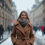 Femme souriante en manteau d'hiver en ville