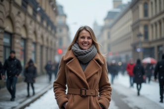 Femme souriante en manteau d'hiver en ville