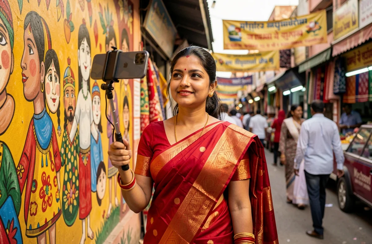 Femme indienne en sari rouge filmant du contenu pour les réseaux sociaux devant une fresque colorée dans un marché de Jaipur