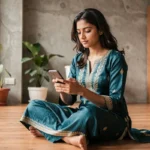 Jeune femme indienne en kurta de soie regardant son smartphone dans un appartement moderne de Mumbai, mêlant tradition et culture numérique