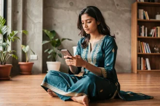 Jeune femme indienne en kurta de soie regardant son smartphone dans un appartement moderne de Mumbai, mêlant tradition et culture numérique
