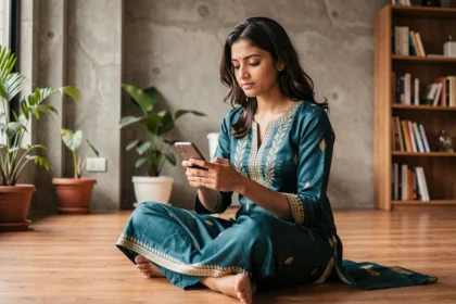 Jeune femme indienne en kurta de soie regardant son smartphone dans un appartement moderne de Mumbai, mêlant tradition et culture numérique