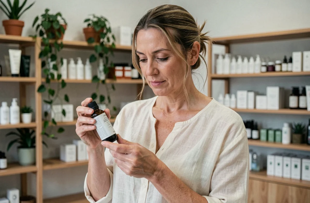 Femme lisant l'étiquette d'une huile visage bio dans une boutique de cosmétiques naturels