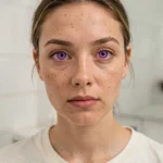 Femme portant des lentilles de contact violettes dans une salle de bain, gros plan sur les yeux colorés