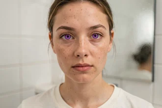 Femme portant des lentilles de contact violettes dans une salle de bain, gros plan sur les yeux colorés