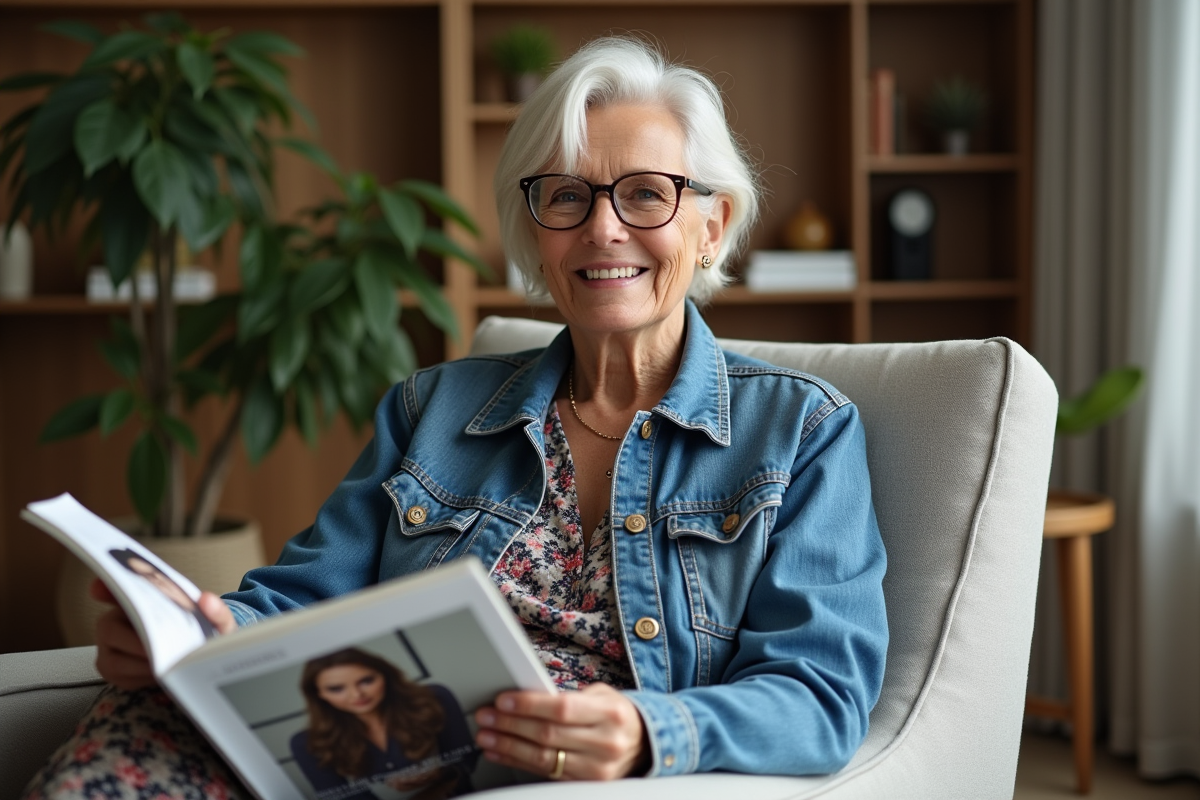 Femme détendue en salon avec veste en jean et robe imprimée