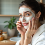 Femme appliquant un masque visage naturel à la maison