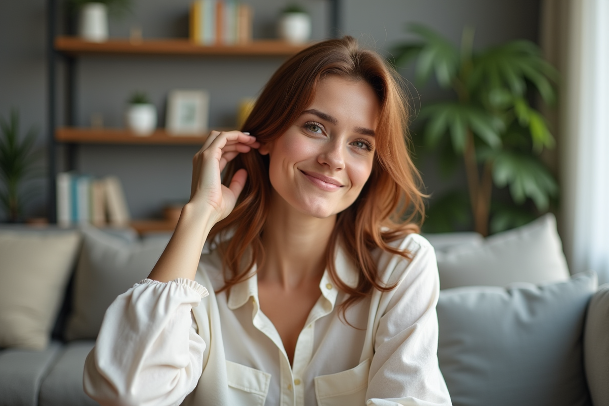 Femme se massant le cuir chevelu dans un salon moderne