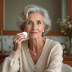 Femme élégante appliquant du fond de teint dans une chambre chaleureuse