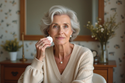 Femme élégante appliquant du fond de teint dans une chambre chaleureuse