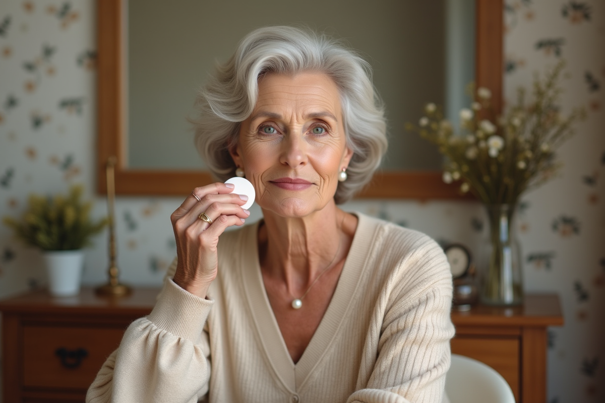 Femme élégante appliquant du fond de teint dans une chambre chaleureuse