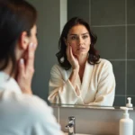 Femme dans son miroir de salle de bain naturelle