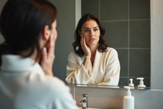 Femme dans son miroir de salle de bain naturelle