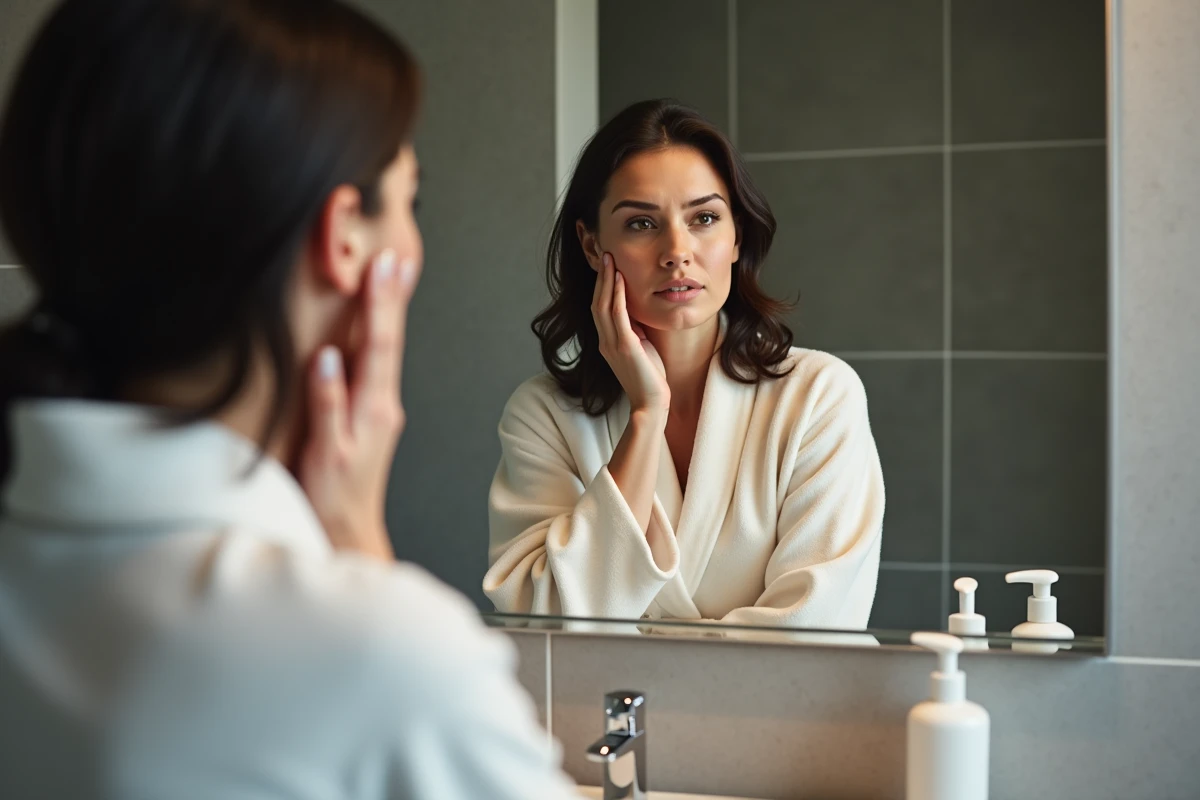Femme dans son miroir de salle de bain naturelle
