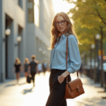 Femme élégante dans une rue urbaine ensoleillée portant un pantalon noir et blouse bleue