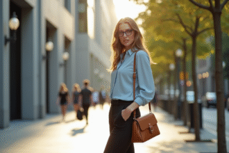 Femme élégante dans une rue urbaine ensoleillée portant un pantalon noir et blouse bleue