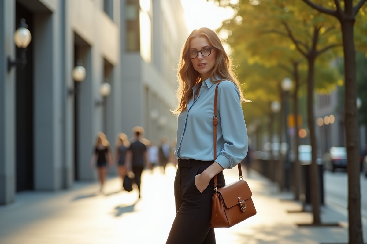 Femme élégante dans une rue urbaine ensoleillée portant un pantalon noir et blouse bleue