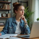 Femme pensante dans un bureau moderne et cosy