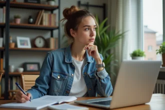 Femme pensante dans un bureau moderne et cosy