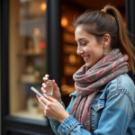 Femme élégante examinant un parfum devant une boutique en Espagne