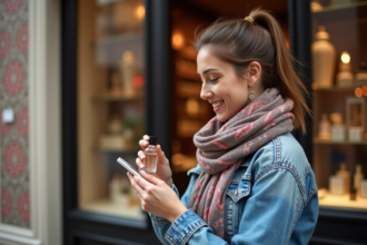 Femme élégante examinant un parfum devant une boutique en Espagne