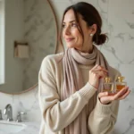 Femme élégante avec parfums dans un miroir moderne