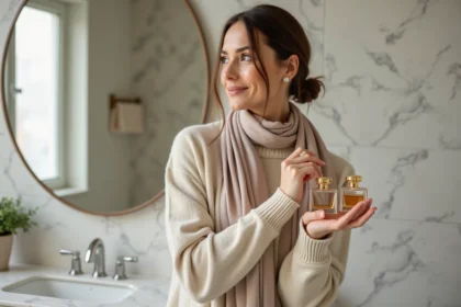 Femme élégante avec parfums dans un miroir moderne