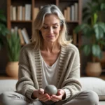 Femme d'âge moyen tenant une pierre polie dans la main