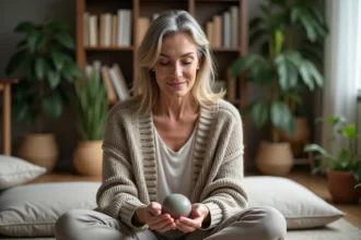 Femme d'âge moyen tenant une pierre polie dans la main