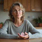 Femme avec pendentif en quartz rose dans une cuisine calme